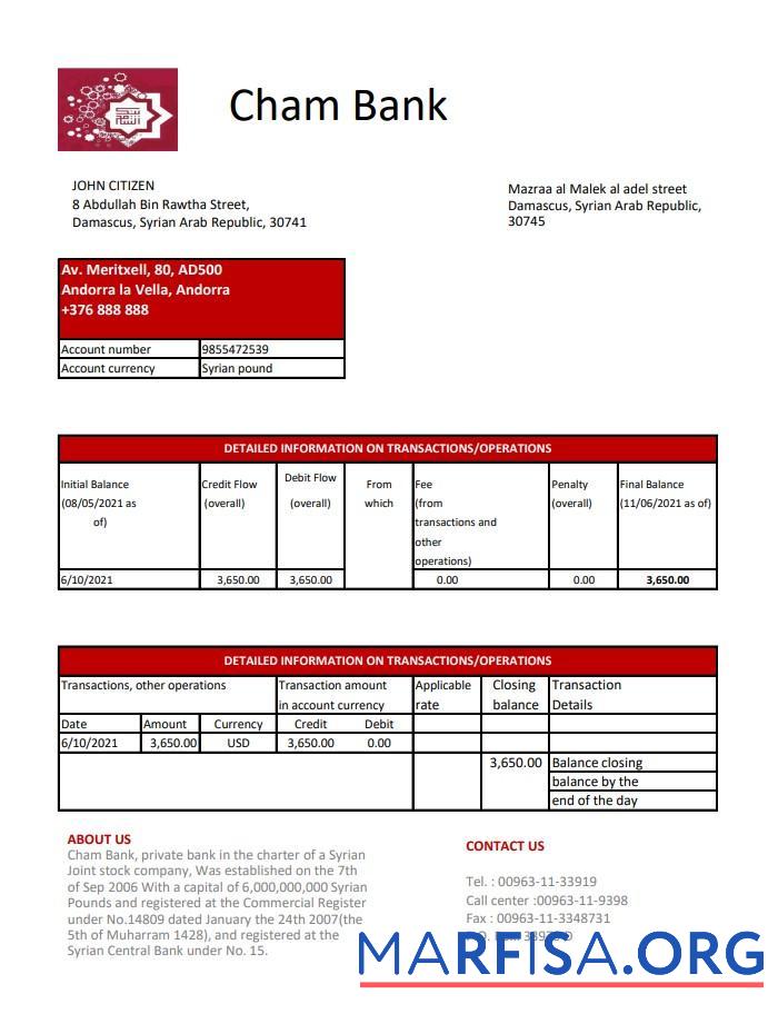 Realistic Syria Cham bank statement excel download for verification